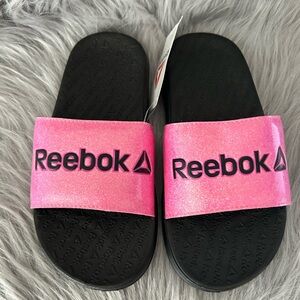 Reebok Slides Girls Size 2 Pink Black Sparkly Glitter Slip On‎ Sandals Shoes